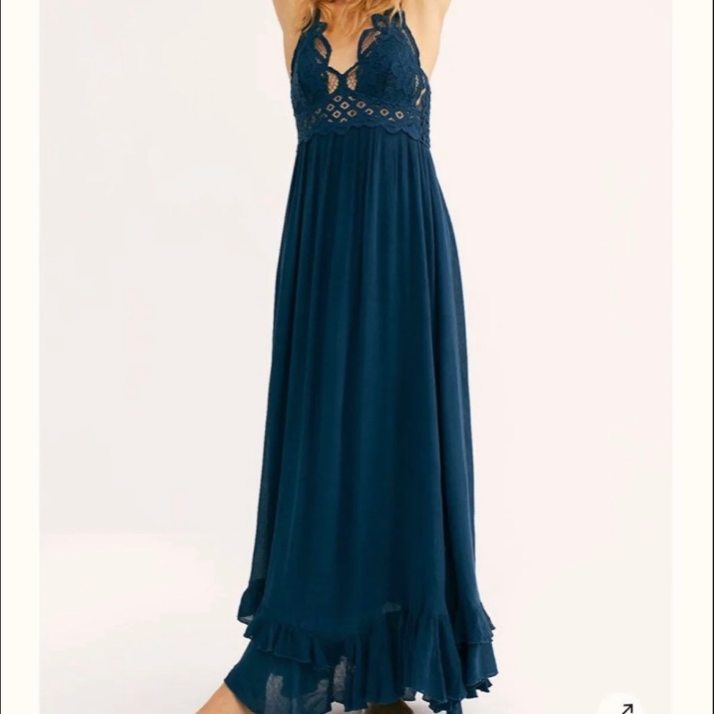 Free People Teal Fp One "Adella" Slip Crochet Casual Maxi Dress - Picture 3 of 16